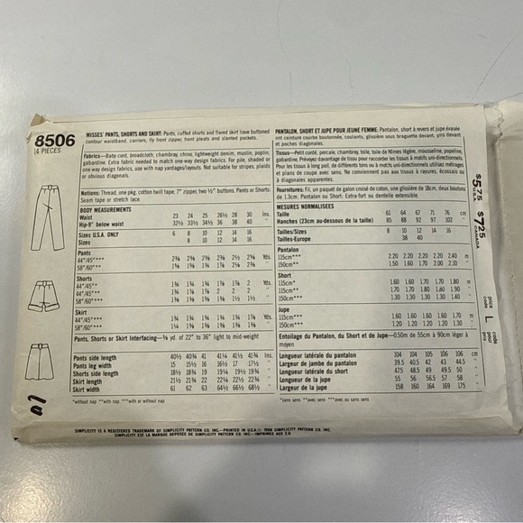 Simplicity Sewing Pattern 8506 Miss Pants, Shorts‎ & Skirt Size 16 VTG '88 Uncut - Picture 3 of 5